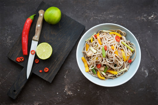 Noodles with pork and vegetables 
