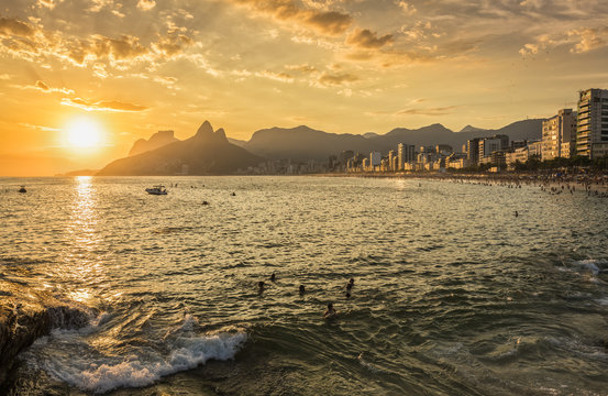 Sunset over Ipanema Beach with iconic mountains, Rio de Janeiro