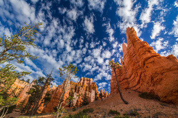Naklejka premium Bryce Canyon scenery, profiled on deep blue sky with clouds