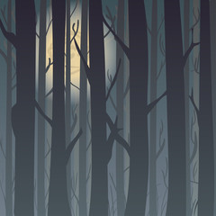 Silhouette of a winter forest at night, moonlight trees in the background. Background for greeting card and invitations.