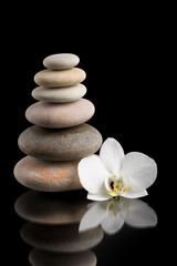 Fototapeta na wymiar balancing zen stones on black with white flower