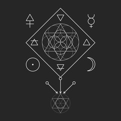 Symbol of alchemy and sacred geometry. Three primes: spirit, soul, body and 4 basic elements: Earth, Water, Air, Fire