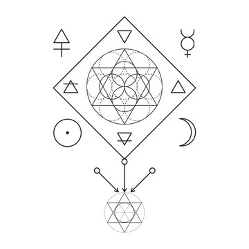Symbol of alchemy and sacred geometry. Three primes: spirit, soul, body and 4 basic elements: Earth, Water, Air, Fire