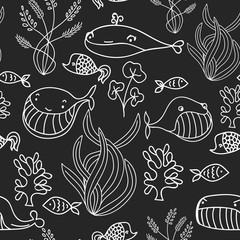 Black and white oceanic sea seamless pattern with cute whale. Great background for sea party invitation or tile textile.