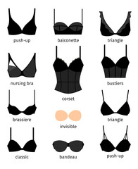 Bra icons set. Different types of bras vector icons - obrazy, fototapety, plakaty