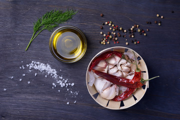 Food ingredients: spices, herbs, garlic, pepper mix, chili pepper, olive oil, dill, salt. Top view on rustic wooden table.
