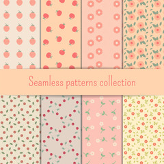 Seamless patterns collection. Set of backgrounds with flowers and berries can be used for wallpaper or fabric.