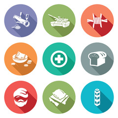 Refugees and fighting Icons Set. Vector Illustration.