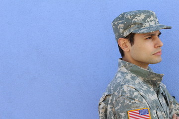 Closeu up profile of military army man with copy space on the left