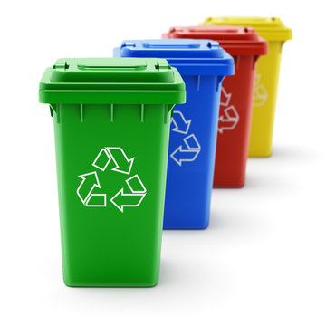 Green, blue, red and yellow recycle bins 