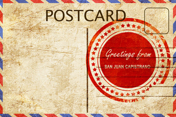 san juan capistrano stamp on a vintage, old postcard