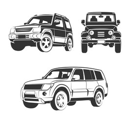 Vector elements for off-road suv car emblems, labels and badges. Car suv vehicle, transportation suv car, design transport suv car illustration