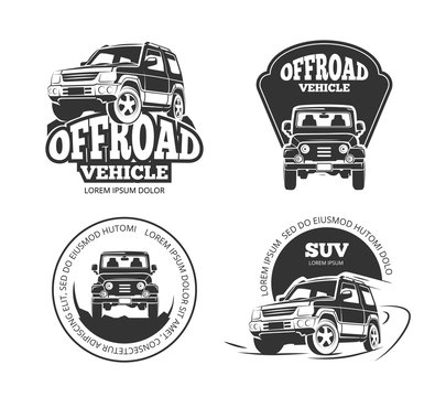 Suv pickup retro vector emblems, logos, badges and labels. Vehicle suv offroad, auto suv pickup, transport suv car label illustration