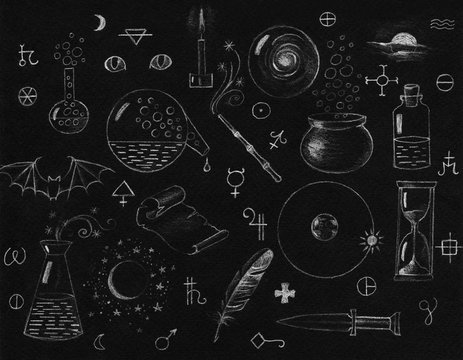 Alchemy symbols collection on chalkboard. Philosophy, spirituality, occultism, chemistry, science, alchemy and magic symbols.