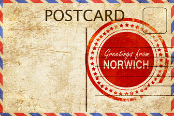 norwich stamp on a vintage, old postcard