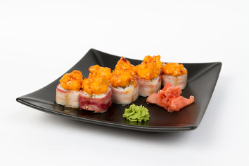 Image of tasty hot sushi set with bacon