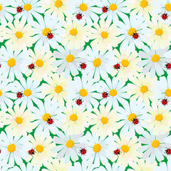 Obraz premium Seamless pattern with chamomile flowers and ladybirds, summer ba