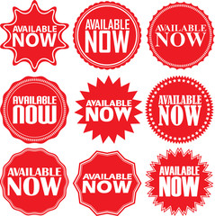 Available now signs set, available now sticker set, vector illustration