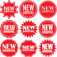 New arrival signs set, new arrival sticker set, vector illustration