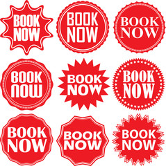 Book now red label. Book now red sign. Book now red banner. Vect