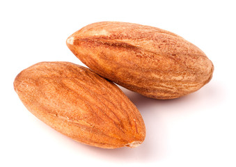 two raw peeled almonds close up macro
