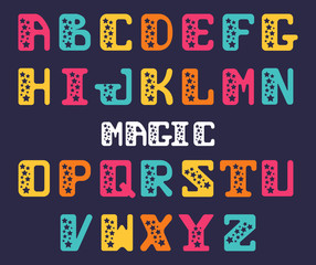 Alphabet of capital letters with stars. Star serif font. Set of letters for decoration festive posters or invitations.
