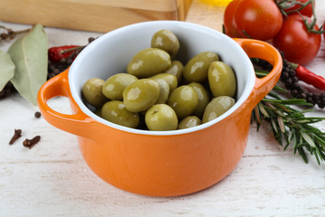 Green olives in the bowl