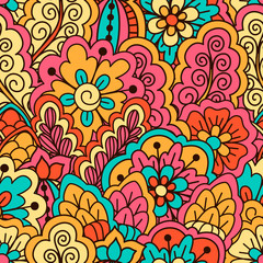 Hand drawn seamless pattern with floral elements. Colorful ethnic background. Pattern can be used for fabric, wallpaper or wrapping