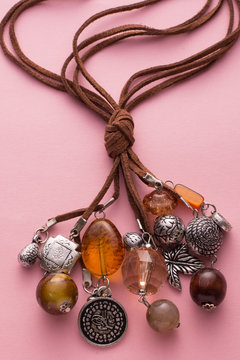 Necklace Made With Brown Leather And Silver Charms