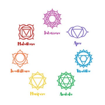 Isolated indian ornamental 7 chakra icons set. Chakras used in Hinduism, Buddhism and Ayurveda. Vector Sahasrara, Ajna, Vissudha, Anahata, Manipura, Svadhisthana, Muladhara. Color yoga chakra mandalas