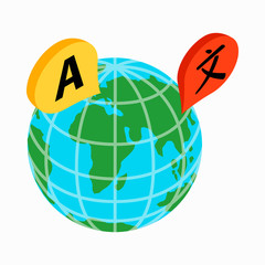 Globe with location marks icon, isometric 3d style