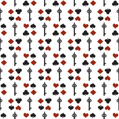 Seamless background with suits. Poker or casino seamless pattern - vector white background with red and black playing card suits and keys. Alice in Wonderland 