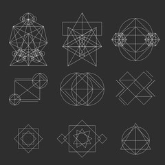Set geometric signs, labels, and frames. Triangles. Line design elements, vector illustration