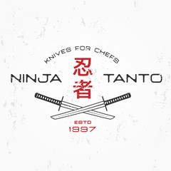 Japanese Ninja Logo. Tanto knife insignia design. Vintage japan badge. Martial art Team t-shirt illustration concept on grunge background