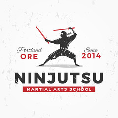 Japanese Ninja Logo. ninjutsu insignia design. Vintage ninja mascot badge. Martial art Team t-shirt illustration concept on grunge background