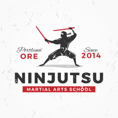 Japanese Ninja Logo. ninjutsu insignia design. Vintage ninja mascot badge. Martial art Team t-shirt illustration concept on grunge background © Gmorv