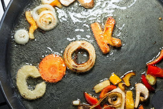 fried vegetables in the form of letters