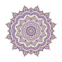 Vector hand drawn doodle mandala. Ethnic mandala with colorful ornament. Isolated. Yellow, pink, violet and white colors.