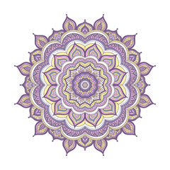 Vector hand drawn doodle mandala. Ethnic mandala with colorful ornament. Isolated. Yellow, pink, violet and white colors.