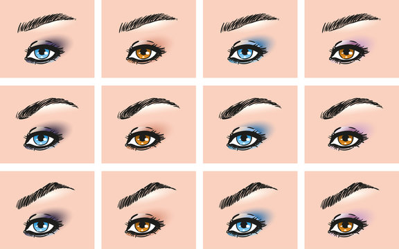 Set of female eye with different forms of eyebrows with different types of make-up and color eye shadow smoky eyes, natural beige and brown flesh-colored versions for blue and brown eyes, vector icons