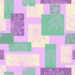 Seamless pattern of geometric shapes and flowers.