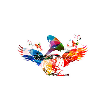 Colorful french horn with wings