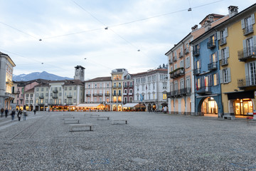 Old houses on piazza grande square at Locarno - obrazy, fototapety, plakaty