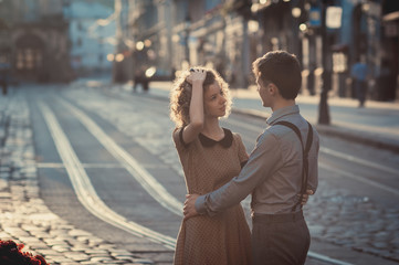 loving couple walking in the morning in the old town