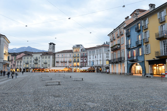 Old houses on piazza grande square at Locarno