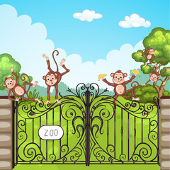 Illustration of monkeys in zoo 