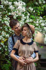 loving couple walking in the morning in the old town