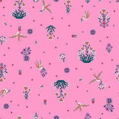 vector seamless gentle romantic little ditsy pattern, wild flowers symmetric bouquets, flying swallow birds, summer mood, colorful background allover print.