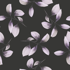 Seamless floral pattern with the watercolor purple leaves on the branches, hand drawn on a dark background