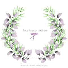 Frame, wreath with the green and purple branches, hand drawn in a watercolor on a white background, greeting card, decoration postcard or invitation